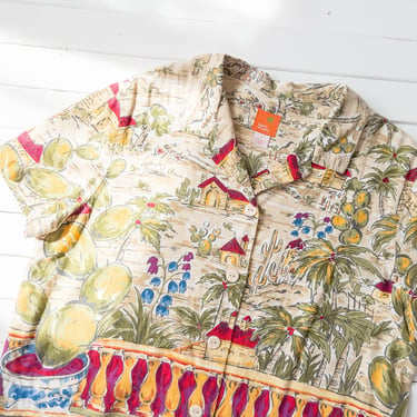 desert linen blouse | 90s vintage beige green red cactus donkey casa novelty print short sleeve shirt 