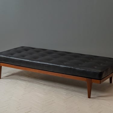 Teak &amp; Black Leather Daybed