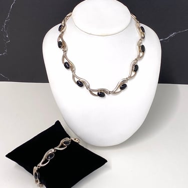 Vintage Taxco Modern Black Onyx 950 Sterling Silver Linked Necklace Bracelet Jewelry Set Mexico 