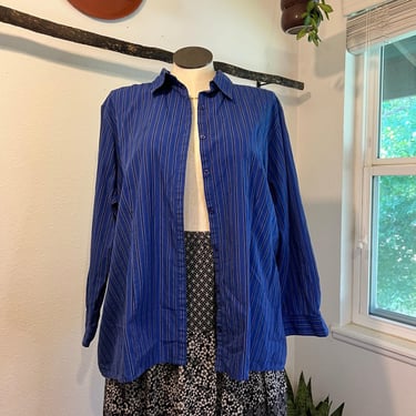 Vintage 90s 100% Cotton Blue Textured Stripe Menswear Oversized Shirt Size 2X 