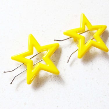 Vintage 70s Yellow Star Plastic Hair Barrettes - 1970s Snap Wire Back Hair Pins -Kawaii hair clips 