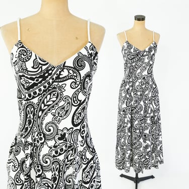 1990s Black White Cotton Print Sundress | 90s Black & White Summer Dress |  Adrienne Vittadini | Medium 