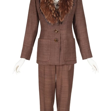 Yves Saint Laurent 1990s Vintage Silk & Linen Brown Fur Collared Pant Suit Sz XS 