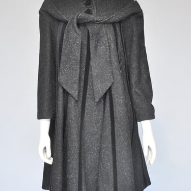 1950s flecked mohair and black velvet swing coat with tie S/M 