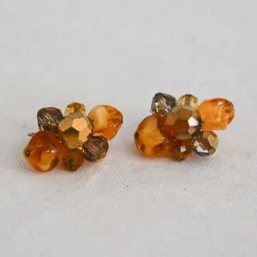 1950s/60s Carnegie Orange Glass and Crystal Bead Cluster Clip Earrings 
