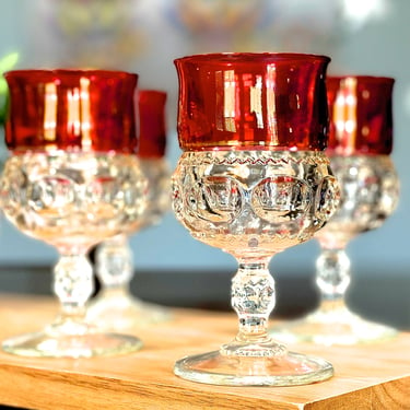 VINTAGE: 1950's - 4 King's Crown Cranberry Flashed Top Glassware - Wine Juice Glasses - Red Glasses - Replacements - SKU 31-C-00035374 