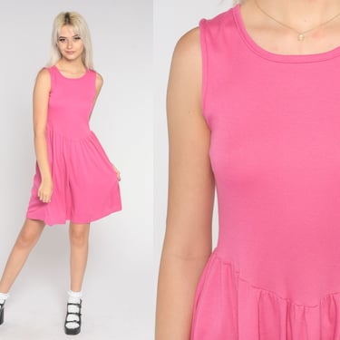 Pink Mini Dress 80s Sundress Casual Bright Low Waist Retro Sleeveless Skater Dress Basque Waist Dress Solid Plain Vintage Small Medium 