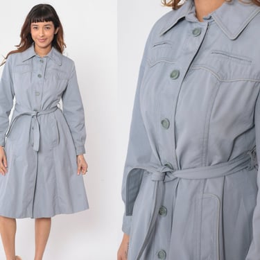 Muted Blue Trench Coat 70s 80s Button Up Mid Length Jacket Retro Basic Belted Western Yoke Jacket Seventies Tailored Vintage 1970s Small S 
