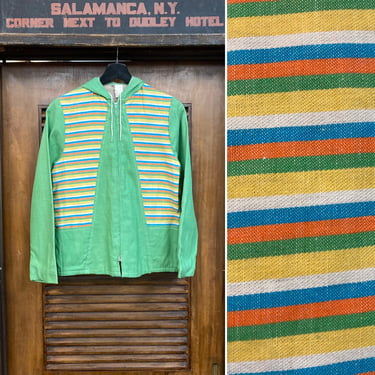 Vintage 1960’s Cotton Mint Green Mod Stripe Panel Hooded Jacket, 60’s Drawstring Hoodie, Vintage Clothing 