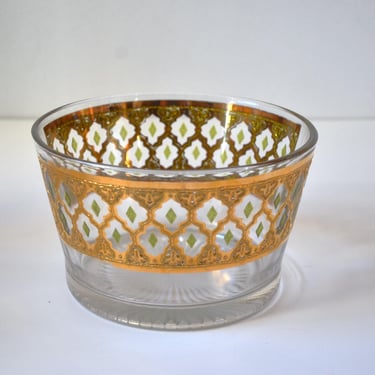 Mid Century Valencia Pattern Glass Ice Bucket in 22K Gold and Green, by Culver 