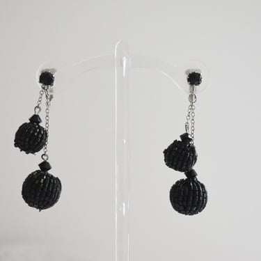 1960s Black Beaded Ball Dangle Clip Earrings 