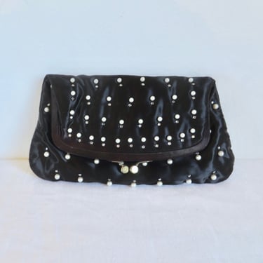 Vintage 1950's 60's Back Satin Evening Clutch with Pearls and Rhinestone Trim Fold Over Kiss Lock Clasp 50's Formal Cocktail Bags Ingber 