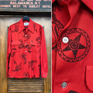 Vintage 1940’s Western Cowboy Flock Print Gabardine Rockabilly Shirt, 40’s Button Down, Vintage Shirt, Vintage Clothing 