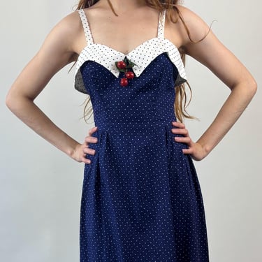 Vintage 70s Navy Swiss Dot Sundress Cherries/ 1970s Navy White Polka Dot Summer Dress XS 