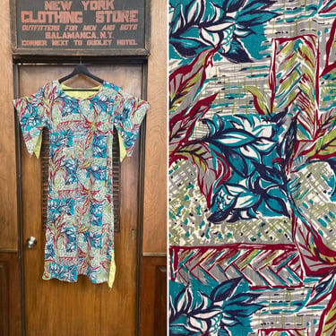 Vintage 1940’s “Hoaloha” Label Cotton Tropical Pake Muu Hawaiian Dress, Vintage Pake Muu, 1940’s Hawaiian Dress, Tiki Dress, Batwing Sleeve, 