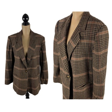 90s Brown Plaid Blazer Size 16 | Academia Fall Jacket XL | One Button Long Shoulder Pads | 1990s Clothes Women Vintage Plus Size by Sellecca 
