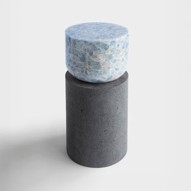 Bespoke Black Lava Stone & Blue Calcite  Graphic Modern Round Stool/Sidetable