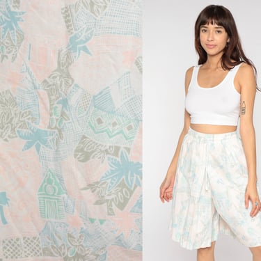 Culottes Shorts 90s Pastel Tropical Shorts Wide Leg Shorts Palm Tree Baggy Geometric Abstract Vintage 80s High Waist White Blue Small Medium 
