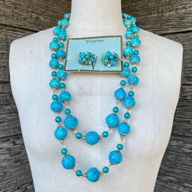 vintage Vendome turquoise necklace and earrings 1950s multi strand and clip ons 