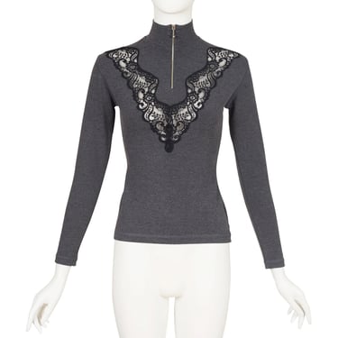 Chantal Thomass 1992-93 F/W Vintage Lace Inset Gray Jersey Long Sleeve Top Sz XS S 