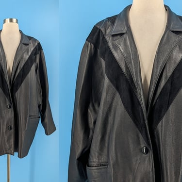 80s Vera Pelle XL Black Leather and Suede Oversized Jacket 