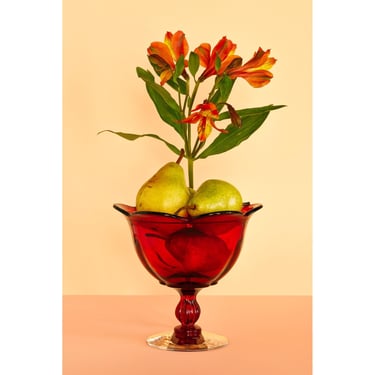 Still Life With Red Candy Dish, Pears, and Flowers: Archival Pigment Print, Fine Art Photo, Whimsical Floral Print, Dutch Still Life 