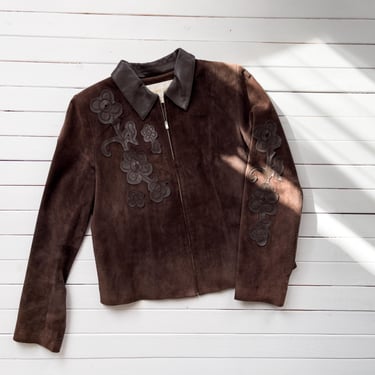 brown leather jacket 90s vintage Margaret Godfrey floral suede jacket 