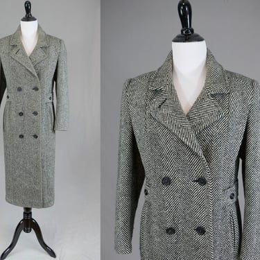 80s Herringbone Wool Coat - Black and White - Forstmann Wool - Alorna Petite - Vintage 1980s - S 