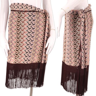 MISSONI knit fringe skirt 8, vintage signature zig zag metallic skirt, tie waist wrap skirt designer M 