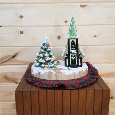 Charming Vintage Musical Ceramic Christmas Church with Ceramic Trees 