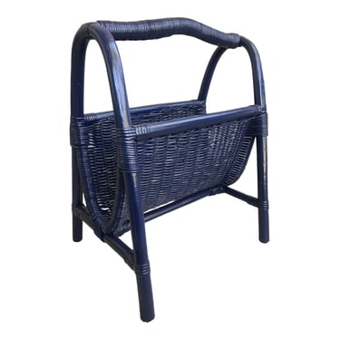 Vintage Cobalt Blue Rattan Magazine Rack | Chinoiserie Chic | Coastal | Boho | Book Holder | Record Storage | Stylish Organizational Decor 