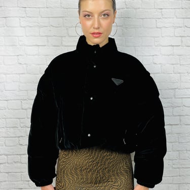 Prada 2022 Velvet Puffer Jacket, 38IT/US S (OVERSIZED), Black