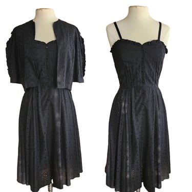 Vintage 70s Black Eyelet Lace Dress + Bolero Jacket Set 