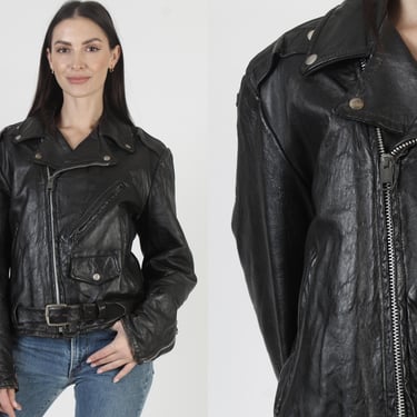 Black Leather Motorcycle Jacket, Cropped Glam Punk Coat, Mens Belted Biker Overcoat, Size 38 