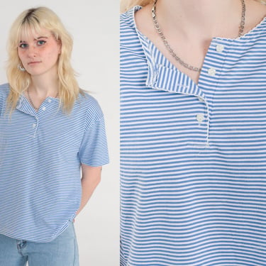 Striped T Shirt 90s Henley T Shirt Blue White Tee 1990s Retro Tee Vintage Normcore Short Sleeve Large L 