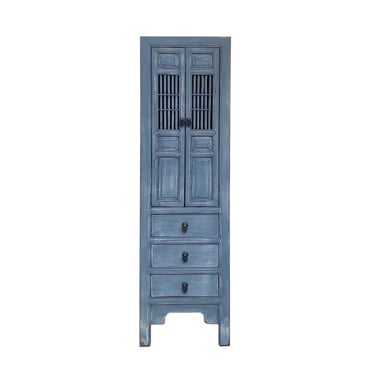 Distressed Gray Narrow Wood Carving Shutter Doors Storage Cabinet cs7490E 