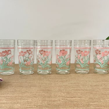 Vintage Anchor Hocking Pink Floral Jelly Jar Drinking Glasses - Set of 6 