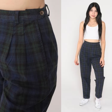 Plaid Trousers 90s Pleated Pants High Waisted Rise Straight Tapered Leg Mod Preppy Punk Retro Navy Blue Green Vintage 1990s Extra Small xs 
