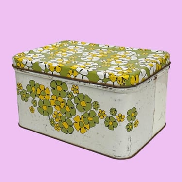 Vintage Bread Box Retro 1970s Mid Century Modern + Ballonoff + Metal + White + Avocado Green + Yellow + Flowers + MCM Kitchen + Storage 