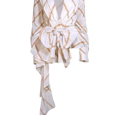 Johanna Ortiz - "Party Wave" Tan & Cream Stripe Peplum Blouse Sz 10