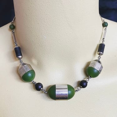 Art deco necklace Antique Vintage Art Deco 1930s Green, Black Bakelite  & Chrome Jakob Bengel modernist necklace by BakeliteBa