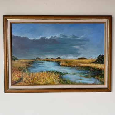 Vintage Florida Marsh Landscape Oil on Canvas Painting by Karen 