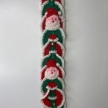 Vintage Yarn Crochet Knit Santa Christmas Wall Hanging | Vintage Bell Pull Banner | Holiday Decoration 