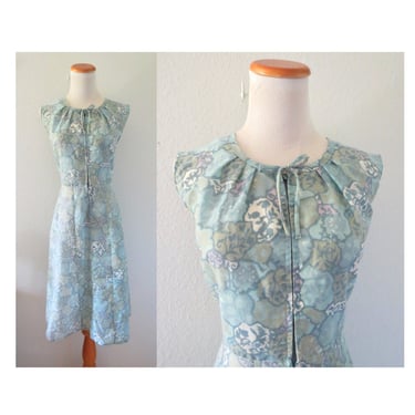 1950s Day Dress Watercolor Floral Print Sleeveless Midi Dress - Size Large 