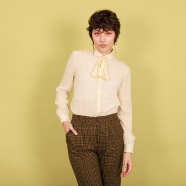 70s Light Beige Eccentric Collar Top Vintage Long Sleeve Woven Theatrical Blouse 