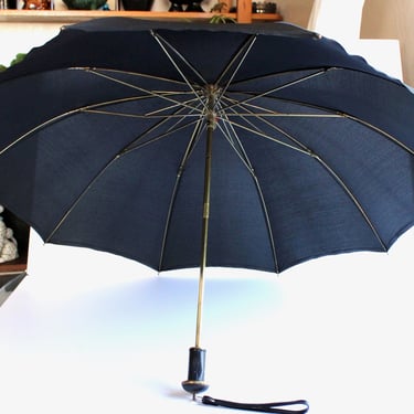 1970s Knirps Brass Rib Umbrella - Vintage 70s Black and Gold Jumbo Parasol Canopy 
