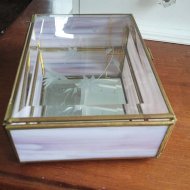 VINTAGE Stained Glass Jewelry Box// Retro Pink 70's Stained Glass Jewel Box// Etched Glass Jewel Vault// Gift for Her 