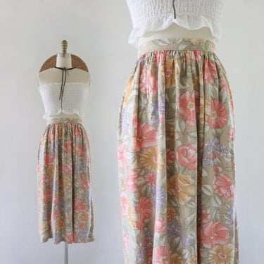 floral midi skirt - 26 - vintage 90s y2k summer botanical size 4 small long midi skirt pockets 