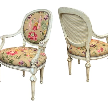 Pair French Louis XVI Ivory Painted Oval Back Arm Chairs with Celadon Highlights