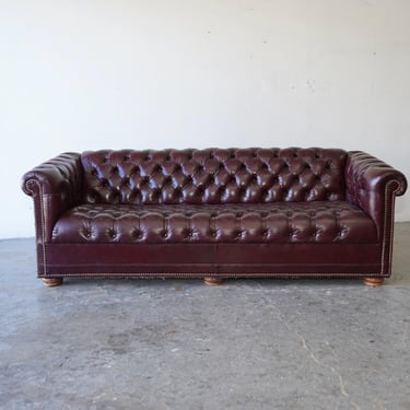 Vintage English Oxblood Leather Tufted Chesterfield Sofa 